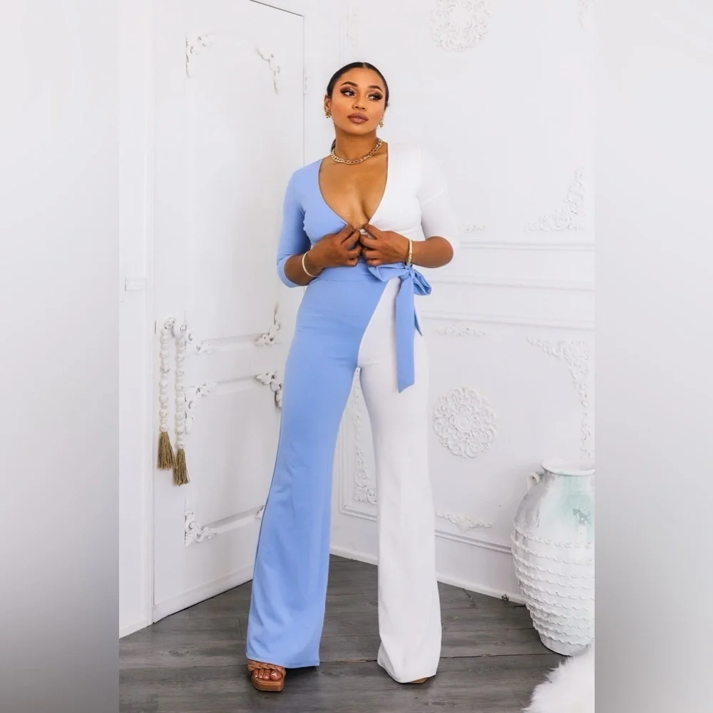 Elegant Blue and White Jumpsuit - Picture 5 of 6